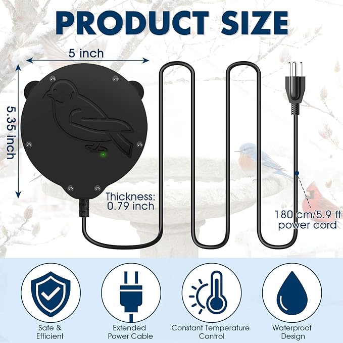 Outdoors 100W Bird Bath Heater for Winter,Birdbath Deicer Pond De-icer Thermostatically Controlled Birdbaths Water Heater with 5.9 Ft Power Cord and Working Indicator Light (Black)