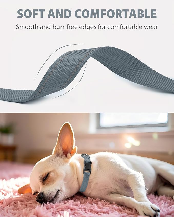 Joytale Small Dog Collar, Reflective and Adjustable Nylon Collar with Quick-Release Buckle, Lightweight No-Choke Design for Puppy and Extra Small Dogs, Gray, XS