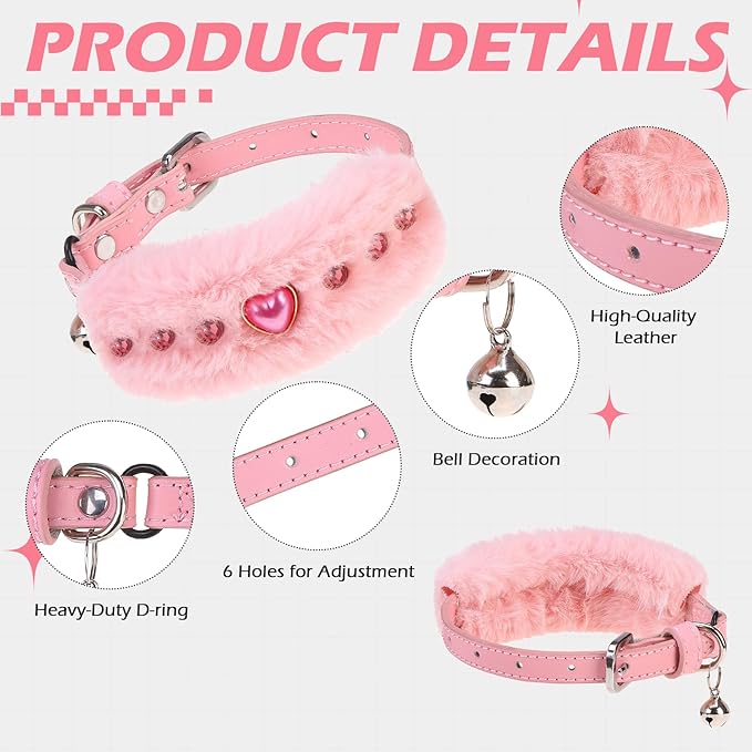 EXPAWLORER Valentine's Day Cat Collar - Adjustable Furry Leather Cat Collars with Pearls and Gemstones for Girl Boy Cats, Elegant Plush Pet Collar with Bell & Durable D-Ring, Pink