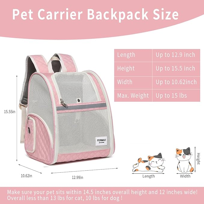 Cat Backpack Carrier for Small Dogs and Medium cat Puppy Kitten Bunny Pet Carrier Backpack Collapsible with Fully Ventilated Mesh with Safety Leash (Pink, 12.9" L x 10.62" W x 15.5" H - M)