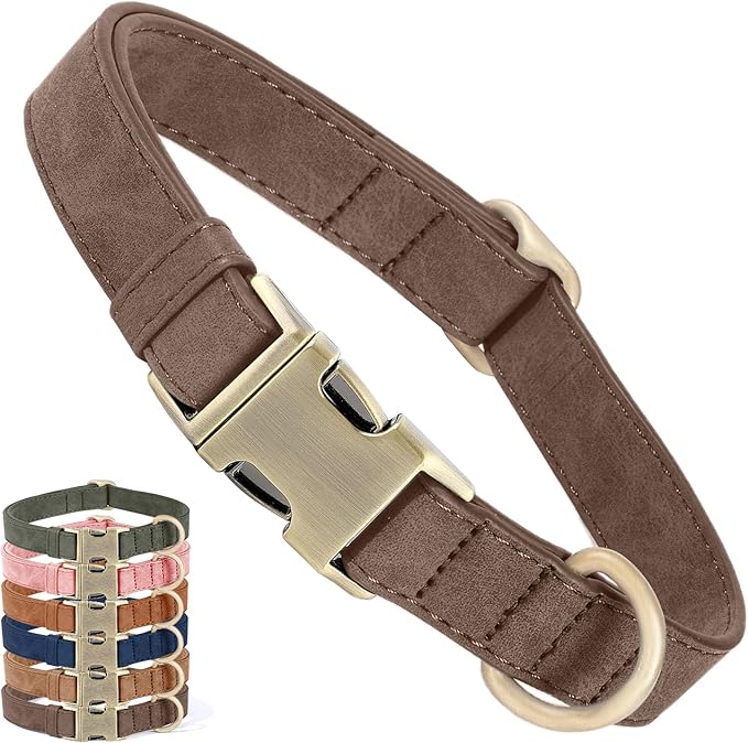 Genuine Leather Dog Collar - Adjustable Pet Collar with Quick Release Metal Buckle, Soft Skin Friendly Real Leather Collar for Small, Medium, Large Dogs (Dark Brown, S：Fit 8-16" Neck)