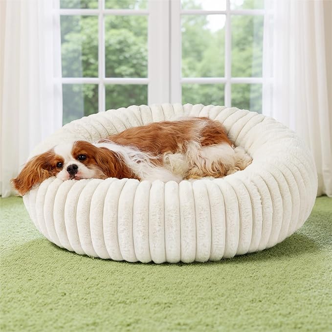Bedsure ComfyFleece™ Donut Medium Dog Bed - Washable Faux Fur with Corduroy Fleece & Anti Slip Bottom, Round Pet Bed with Removable Cover, Cream, 30x30x8 inches