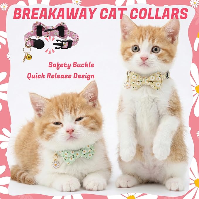 6 Pack Breakaway Cat Collars with Bow Tie and Bell Floral Kitten Cat Collars Adjustable Cat Bowtie Collar with Pendants for Girl Boy Kitten Cats