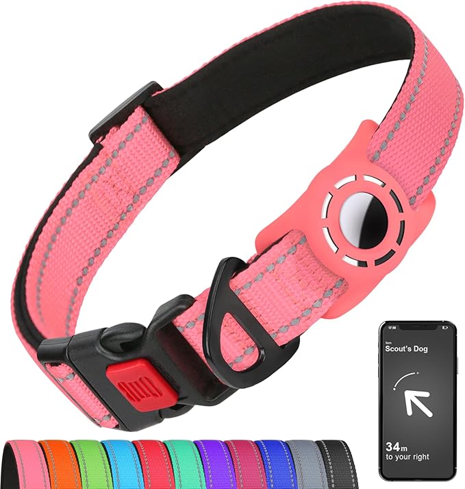 Airtag Dog Collar with AirTag Holder for Small Dogs, Reflective, Soft Padded & Safety Locking Buckle, Nylon Pet Collars Adjustable for All Breeds, Pink,S