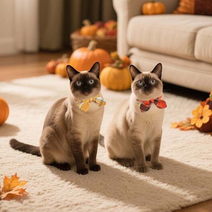 KOOLTAIL Cat Collar Breakaway with Bowtie and Bells, 2 Pack Cute Kitten Collars for Boys & Girls, Classic Plaid Design with Safety Buckle Adjustable for Small Large Cats Puppy,Yellow & Orange