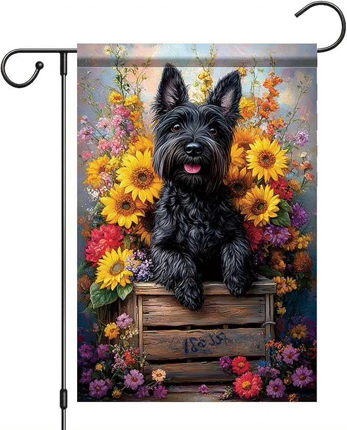 Garden Flag Black Terrier Dog with Sunflowers Floral Crate Yard Banner 12x18 Inch Double Sided Seasonal Spring Summer Outdoor Decoration for Porch Lawn Patio Outside House Dog Lover Gift