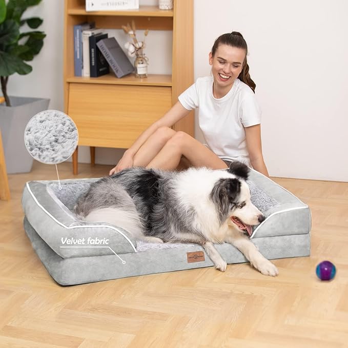 Comfort Expression Orthopedic Dog Bed for Large Dogs 36x27 Inch, Waterproof Egg Crate Foam Large Pet Bed with Removable Bolsters, Dog Couch with Washable Cover & Non-Slip Bottom, Grey White