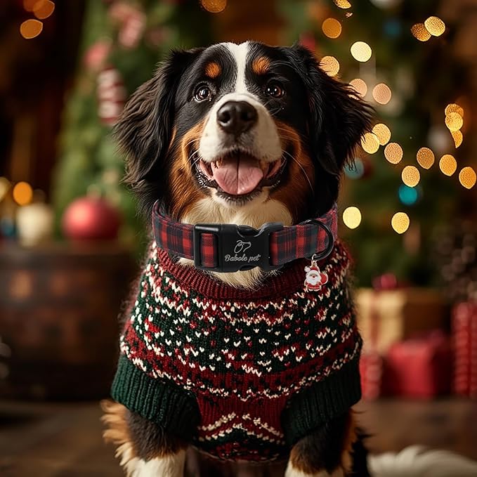 Christmas Dog Collar for Medium Dogs - Vintage Red Green Tartan Christmas Collars for Dogs, Soft Adjustable Winter Holiday Dog Collars with Quick Release Buckle M