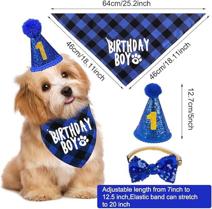 Dog Party Supplies, Boy Bandana With Hat Bow Tie Number, Cute Scarf and Happy Birthday Banner Set for Large Medium Small Dogs Pet (Blue)