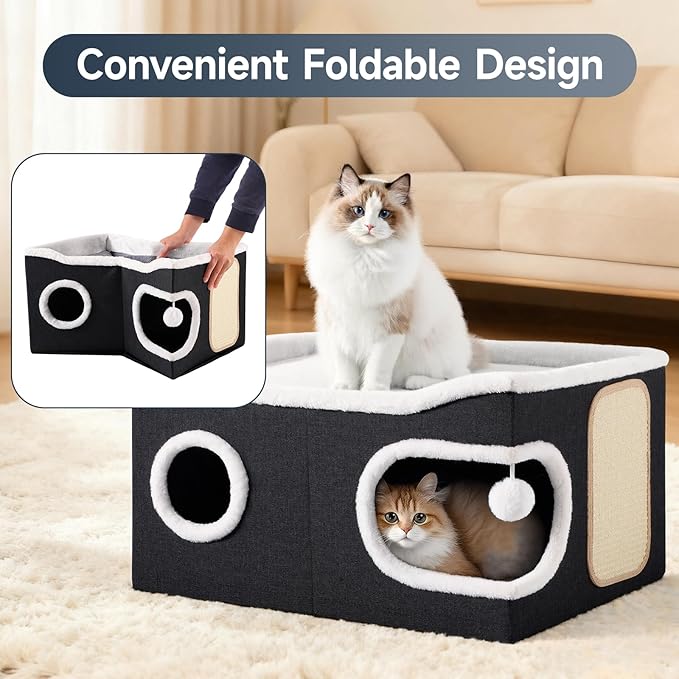 Cat Beds for Indoor Cats, Extra Wide Cat Cube House for Multi Cats, Foldable Cat Cave Hideaway with Arc-Edge Design & Oval Door, Double-Side Soft Cushion for All Seasons, 24"L x 17.7"D x 12.6"H, Black