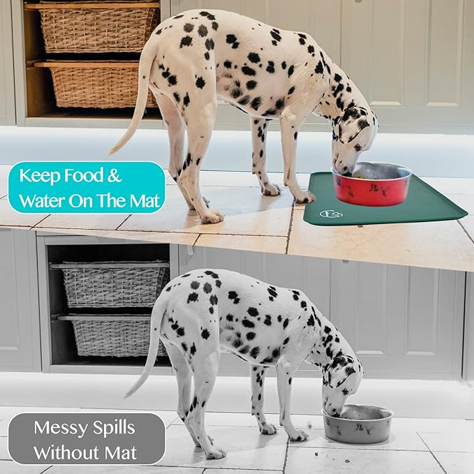 Silicone Waterproof Dog Cat Pet Feeding Mats, Non Slip, Easy Clean Pet Dog Cat Bowl Mats Placemat (24" x 16") Hunter Green