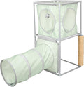 Kitty City Cozy Cube Retreat Cat Tower with Tunnel, Scratching Post & Hanging Toy, Dual-Level Indoor Cat Play Furniture for Climbing, Hiding & Lounging, Green