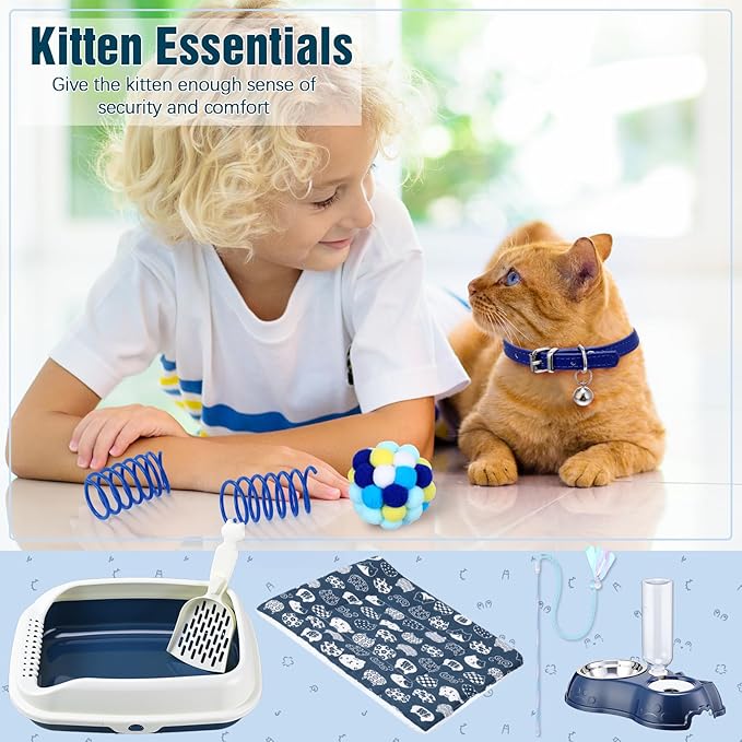 Eccliy Kitten Starter Kit, 10 Pcs Cat Starter Kit for Indoor Cats Kitten Essentials Includes Litter Box, Pet Toy, Folding Carrier, Climbing Frame, Mat, Collar, Automatic Food Bowl (Classic,Dark Blue)