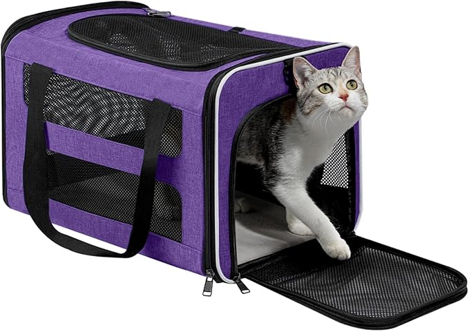 Cat Carrier Soft-Sided Travel Bag for Medium to Large Cats Over 15lbs, Small Dog Carrier Crate Top Entry Breathable Mesh Puppy 12 Pounds, Pet Rabbit Carrying Cage Kennel Collapsible Purple