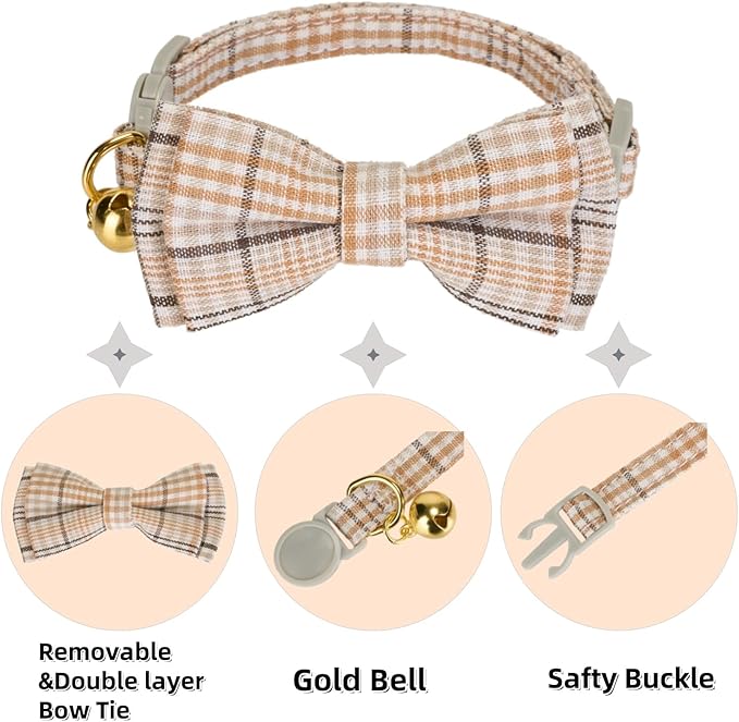 2 Pack Soft Cotton Cat Collars with Bowtie and Bell Breakaway Plaid Cat Kitten Collar(Beige and Amber)
