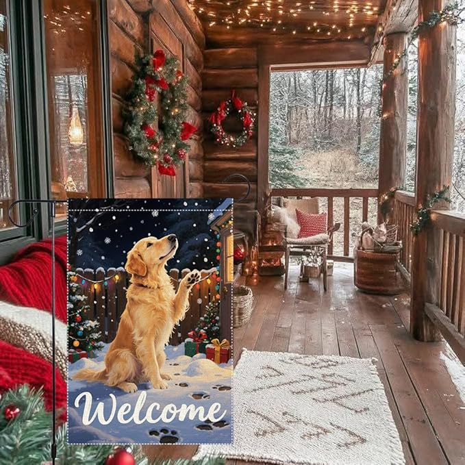 Golden Retriever Welcome Garden Flag 12x18 Inch Double Sided Christmas Winter Burlap Outdoor Yard Decoration Holiday Dog Banner for Porch Patio Lawn