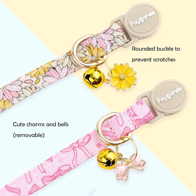 Faygarsle 2 Pack Pink Bow Floral Pattern Cat Collars Breakaway Safety Collar with Bell Spring Summer Design for Girl Cats,Pink Yellow