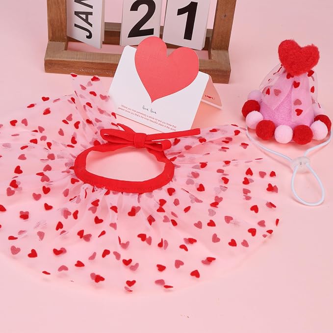 SCENEREAL Valentine's Day Cat Costume - Kitten Hat & Scarf Set, Pet Birthday Bandana Scarf Bib Holiday Outfit Party Accessories for Big Cats Puppy Small Dogs Animals