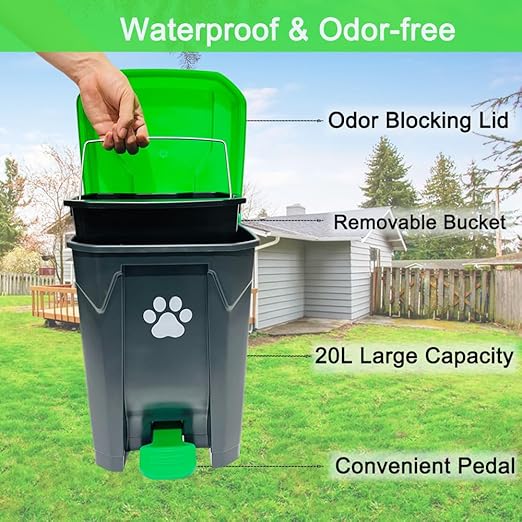 20L Dog Poop Trash Can Outside with Pooper Scooper & 50 Waste Bags- Outdoor Dog Poop Trash Can with Lid, Foot Pedal and Removable Inner Bin Waterproof and Odor Control