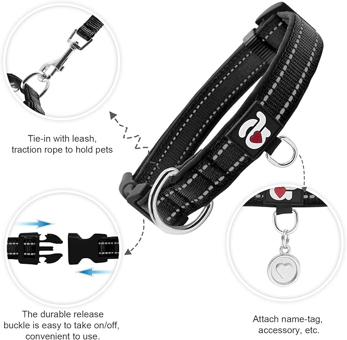azuza Reflective Dog Collar with Airtag Holder, Soft Neoprene Padded Pet Collar with ID Tag Ring, Adjustable for Medium Dogs,Black,M