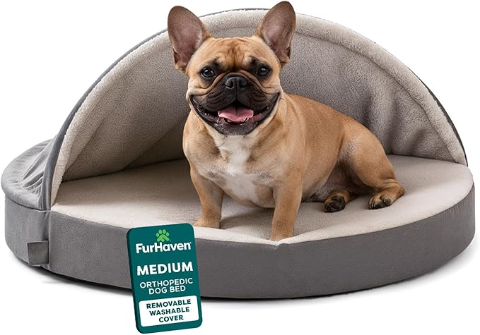 Furhaven 26" Round Orthopedic Dog Bed for Medium/Small Dogs w/ Removable Washable Cover, For Dogs Up to 30 lbs - Sherpa & Suede Snuggery - Gray, 26-inch