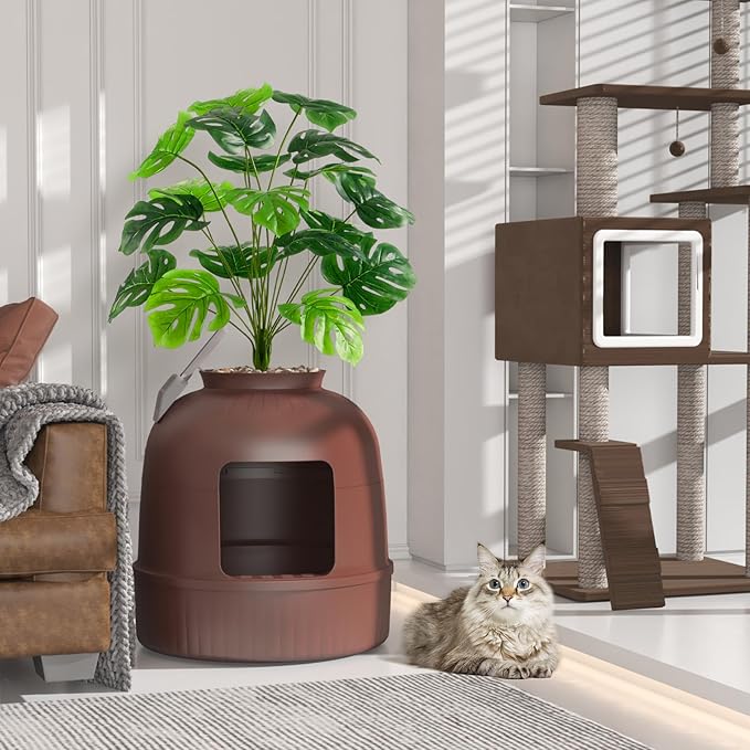 Lifewit Cat Litter Box, Hidden Enclosure Litter Tray with Odor Control & Carbon Filter in Living Room, Bedroom, Corner with Faux Plant& Plastic Scoop, 48 x 120 cm/19x47, Brown