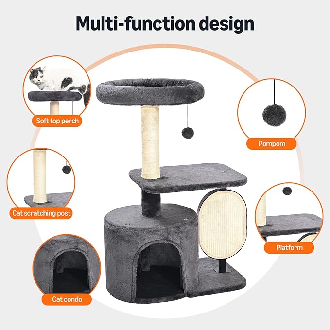 Amazon Basics Cat Tree Tower, Solid Steel Frame with Removable Scratching Pad, Gray, 32 Inches