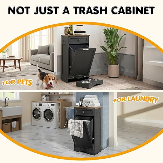 Tilt Out Trash Can Cabinet with Dog Bowl, 13 Gallons Dog Feeding Station with Storage, Dog Food Cabinet with Hideaway Drawer for Kitchen, Living Room,Laundry Room