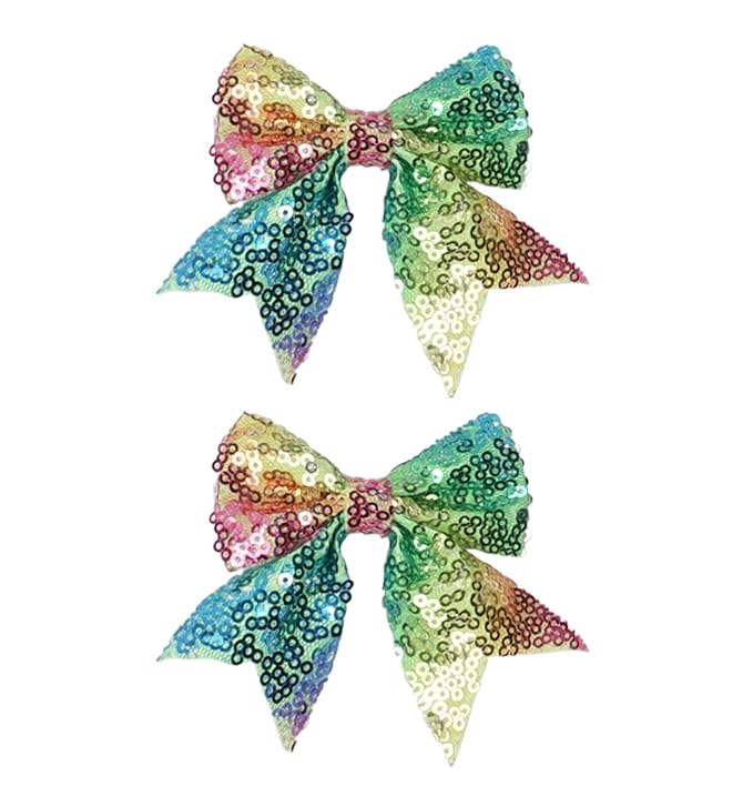 3-inch Sequined Bow Hair Clips For Baby Girls, Toddler, Kids and Young Women Birthday Party Wedding Christmas Occasions Pet Accessories Set of 2 (Rainbow Green)