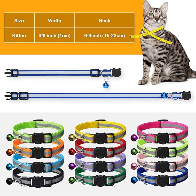 14 Pack Set Kitten Collars Breakaway with Bells,Reflective Safety Cat Collar,Ideal for Puppy, Girl Boy Cats,with Name Tag,Adjustable for Small Animal,Pet Supplies(12 Colors & 2 ID Tags)
