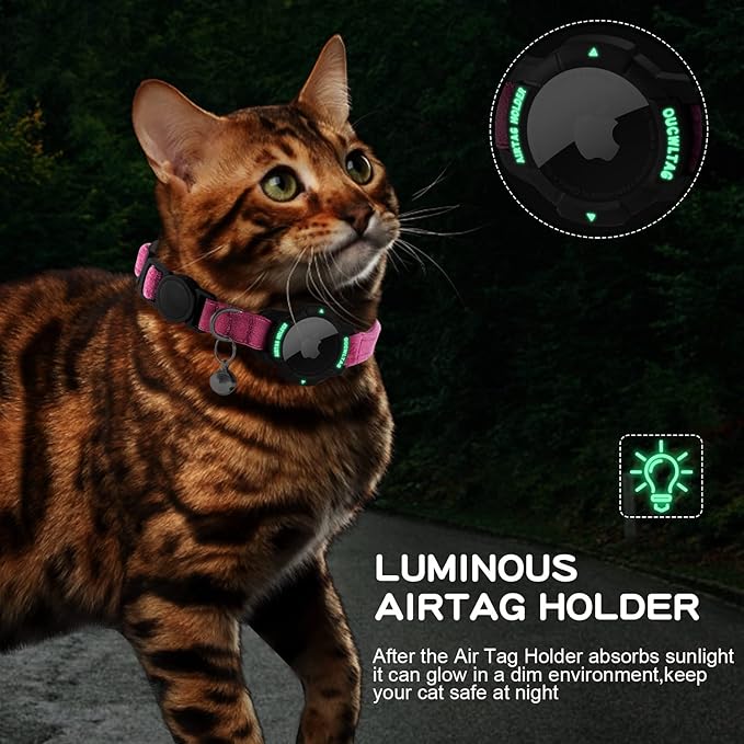 Luminous AirTag Cat Collar Breakaway, OUCWLTAG GPS Cat Collar with Apple Air Tag Holder, Cat Tracker Collars with Safety Elastic Band for Girl Boy Cats, Kittens and Puppies (Pink, 7-10 Inch)