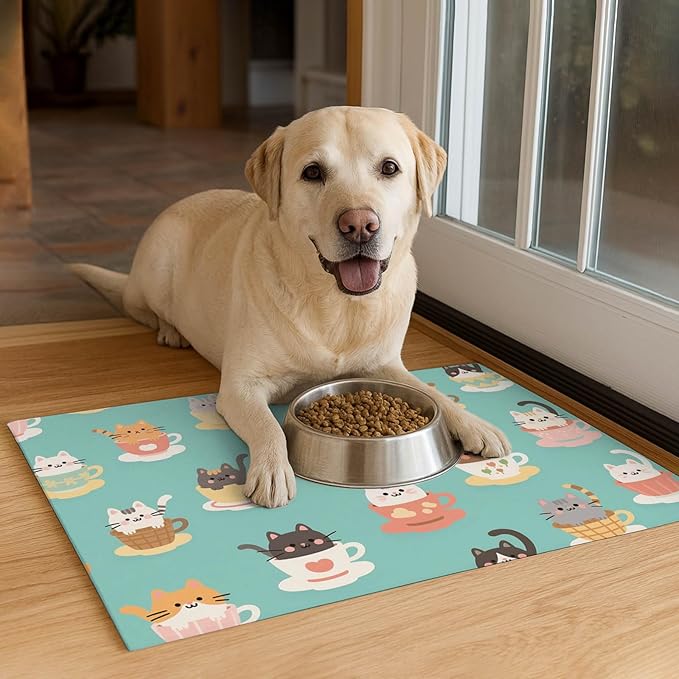 Cat Feeding Mat 24x16 inch Teacup Kitten Print Pet Bowl Placemat Non Slip Floor Mat for Food and Water Indoor Kitty Feeding Station Cute Meal Pad for Small Pets Kitchen Use