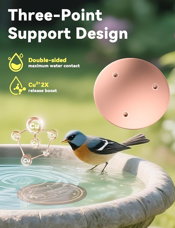 CNARIO 2 Pcs Water Purification Disc for Birdbaths, Bird Baths 99.99% Pure Copper Cleaning Disk, Safe Natural Solution for Bird Bath, 0.6mm Thick with Stable Triple-Point Support