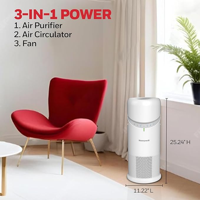 Honeywell Allergen Plus™ 3-in-1 HEPA Air Purifier for Home, Fan & Adjustable Airflow for Large Rooms up to 1928 Ft², Air Quality Sensor, Reduces Allergens, Pet Dander & Odors, HPA6000, White