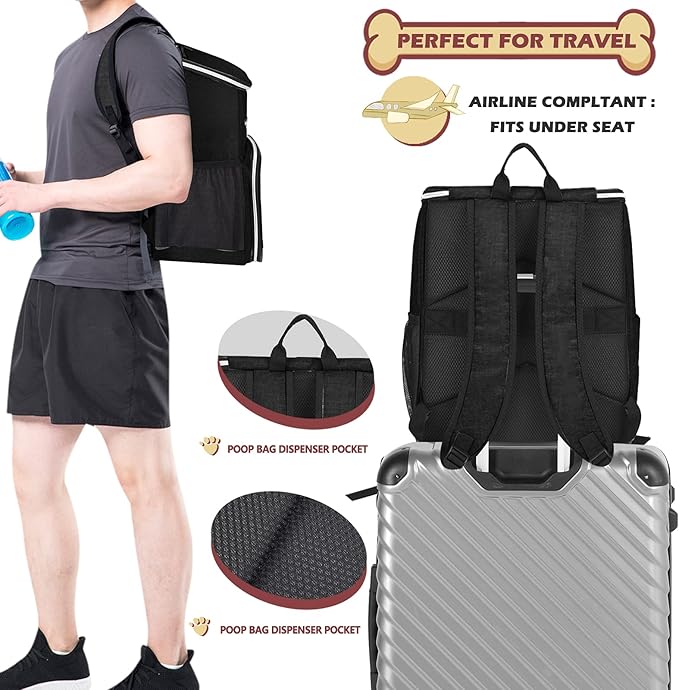 BAGLHER丨Dog Travel Bag Backpack, Airline Approved Pet Supplies Backpack, Dog Travel Bag with 2 Silicone Collapsible Bowls and 2 Food Baskets, Black