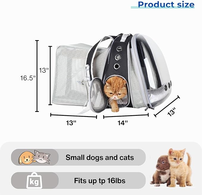 Lollimeow Expandable Cat Backpack Carrier for Large Cats & Small Dogs - Airline Approved Pet Bubble Backpack with Dual-Side Expansion, Perfect for Travel, Hiking & Outdoor Adventures, Up to 16lbs