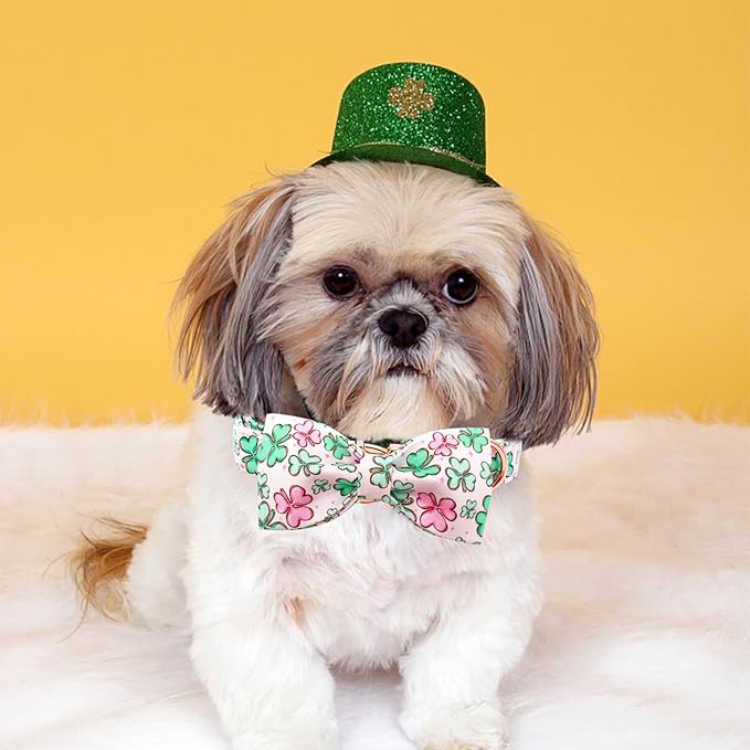 Lionheart glory Dog Bow Collar St. Patrick's Day Dog Collar for Small Dogs, Adjustable Green Collars Lucky Clover Shamrock Dog Collar with Bowtie Pet Collar Bows