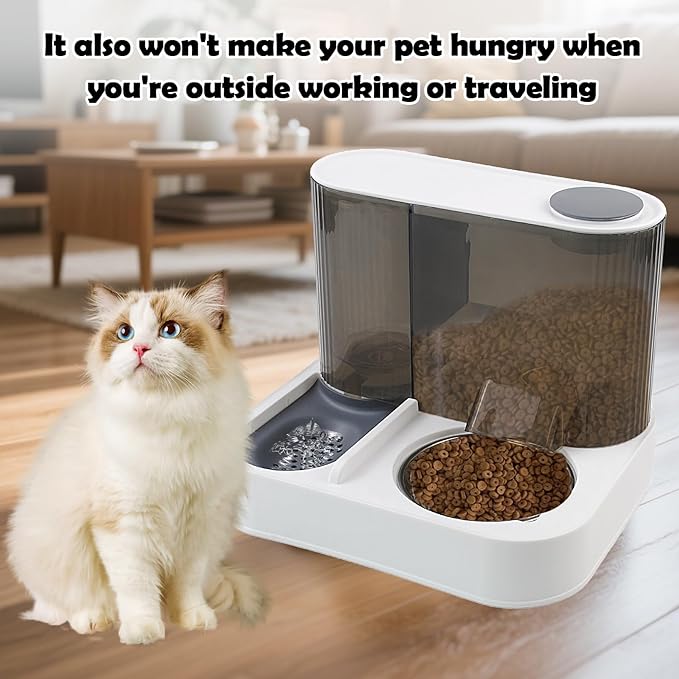 Automatic Gravity Cat Feeder with Stainless Steel Food Bowl, 2 in 1 Cat Feeder and Water Dispenser Combo Detachable Pet Water and Food Dispenser Set for Puppy Kitten Small Dog(Gray)