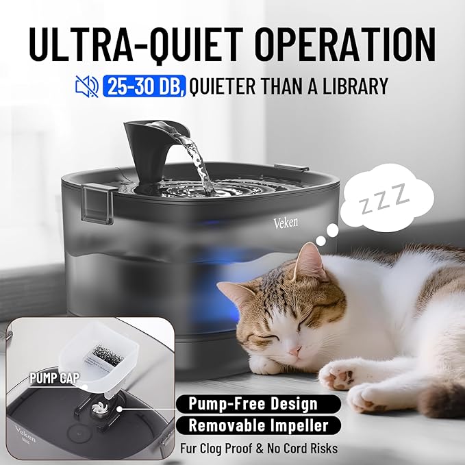 Veken Cat Water Fountain with Detachable Tank & Secure Clips, 6 Filters & Sponges, Easy to Clean & Assemble, 84oz/2.5L Quiet Pet Drinking Dispenser with LED Light for Cats, Dogs and Small Pets, Black