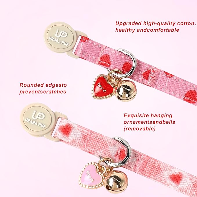 Cat Collar, 2 Pack Cat Collars-Cute Breakaway Cat Collar with Bell & Pendant, Valentine's Day Kitten Collars Pink Hearts with Safety Buckle for Girl and Boy Cats, 7-12Inch