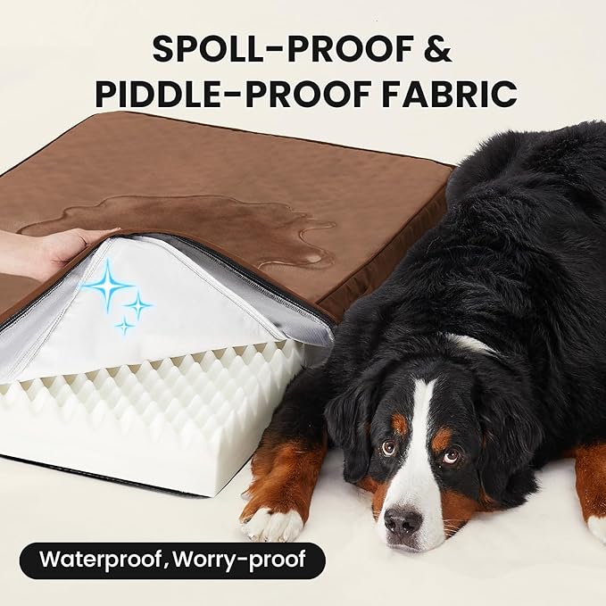 OhGeni Orthopedic Waterproof Dog Bed for Extra Large Dogs, Machine-Washable Removable Cover in Easy-Clean Fabric, High Density Foam & Easy-Carry Handle, Suitable for Crate, 47 inch (Brown)
