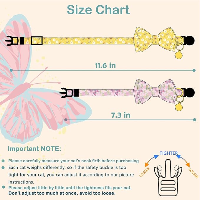 Faygarsle 2 Pack Breakaway Bowtie Cat Collar with Bell for Male Female Cats Soft Fancy Yellow Pink Bee Butterflies Pattern Spring Summer for Boy Girl Cats