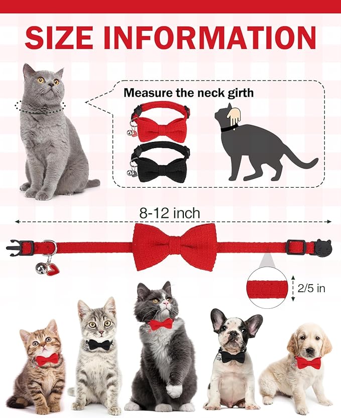 Cat Collar Breakaway with Bells, Soft Cotton Red Cat Bowtie Collar for Girl Cats, Small Cats Collar with Bow for Spring Summer, 2 Pack Cute Kitten Collars with Removable Bowtie 8-12Inch