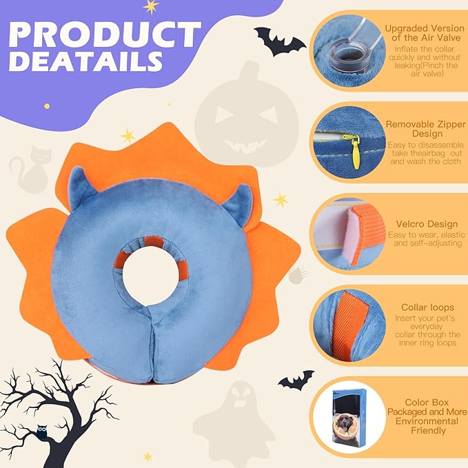 IEUUMLER Inflatable Recovery Dog Collar, Protective Donut Cone, Adjustable Soft Collar for Dog and Cat After Surgery Prevent from Biting & Scratching EU002 - Blue Demon M