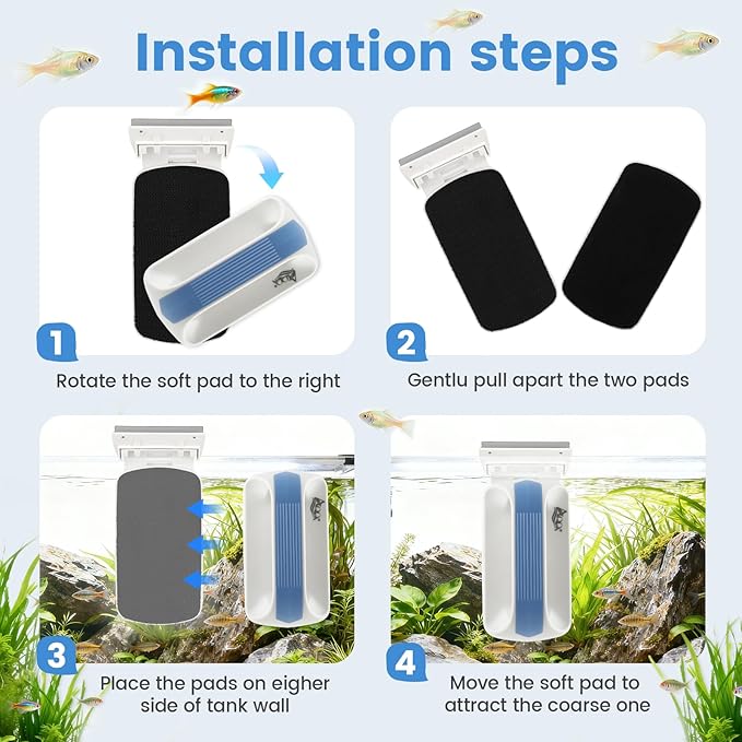 AQQA Aquarium Magetic Glass Cleaner Brush with 2 Detachable Scrapers Floating Fish Tank Cleaning Tools Algae Scraper for 1/8-1/4 inch Thick Glass/Acrylic Tanks (Small)