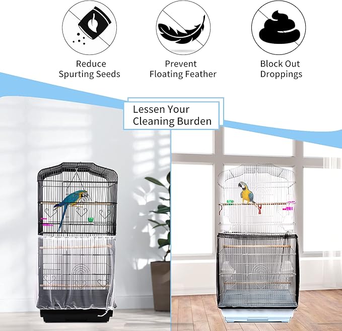 Daoeny Universal Bird Cage Cover, Adjustable Parrot Nylon Airy Soft Mesh Net, Seed Feather Catcher, Birdcage Cover Skirt Sheer Guard for Parakeet Macaw Round Square Cages (Black)