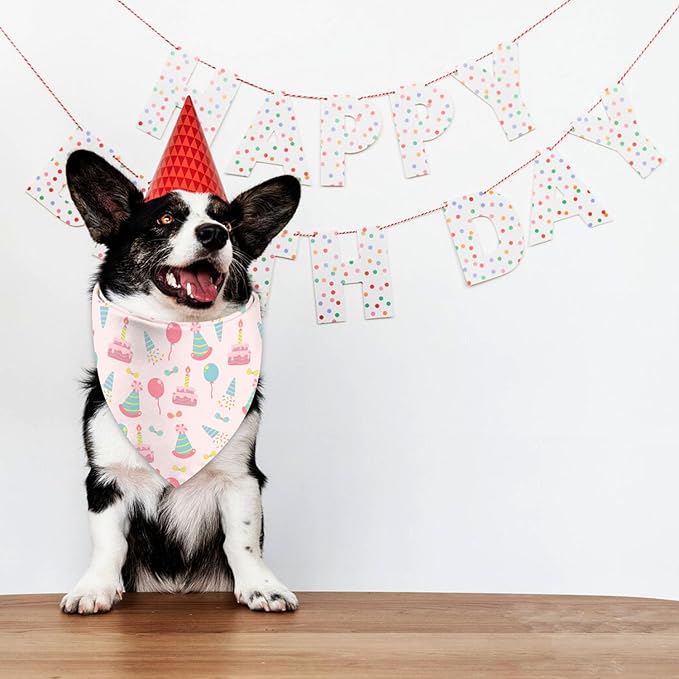 Birthday Dog Bandanas, Double Side All 4 Patterns Reversible Large Pet Bandanas 2 Pack, Celebration Set, Plaid Adjustable Triangle Holiday Pink Green Scarves for Dogs Girl Boy Pets