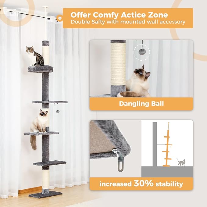 PETEPELA Cat Tower 5-Tier Floor to Ceiling Cat Tree Height(95-107 Inches) Adjustable, Tall Climbing Tree Featuring with Scratching Post, Cozy Bed,Interactive Ball Toy for Indoor Cats/Kitten Grey