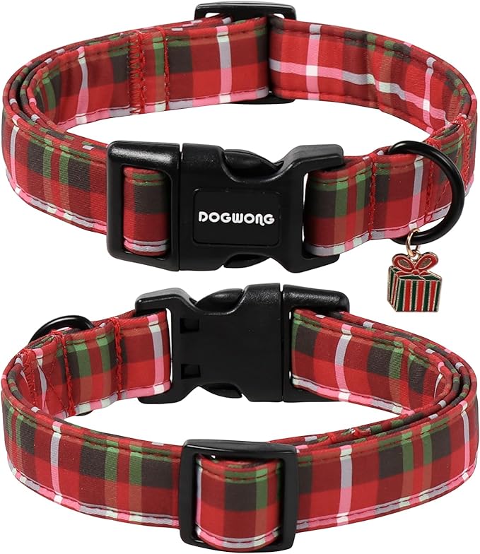 DOGWONG Christmas Plaid Dog Collar, Cute Adjustable Red Collar for Boy and Girl Dogs, Dog Collar with Strong Plastic Buckle for Small Medium Large Dogs,S
