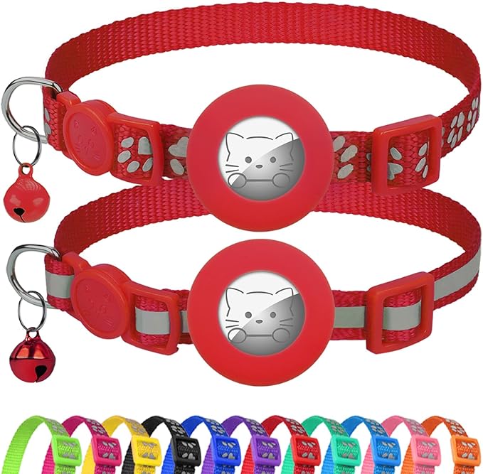 Joytale AirTag Cat Collar 2 Pack with Breakaway Safety Buckle, Reflective Cats Collar with AirTag Holder, Adjustable 7.5-12.5 Inch, Anti-Fraying Lightweight for Girl Boy Kitten, Red